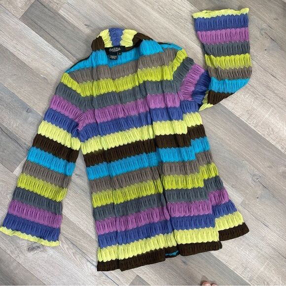 Peck & Peck Striped Crochet Open Front Cardigan Sweater  6 Gray Multi - Picture 10 of 12